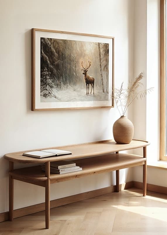 A poster capturing a lone deer in a peaceful, snow-covered forest-12
