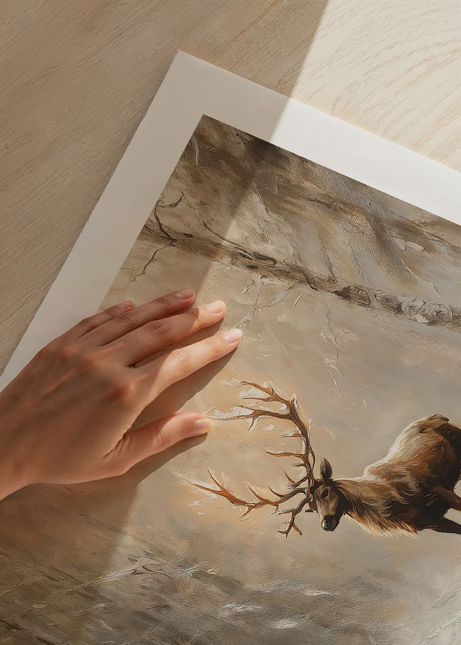 A poster capturing a lone deer in a peaceful, snow-covered forest-12
