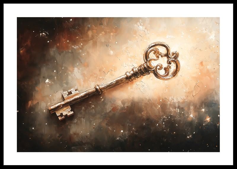 En plakat, der fanger en udsmykket nøgle, der svæver i et kosmisk glimt-12