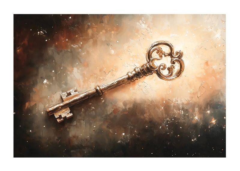 En plakat, der fanger en udsmykket nøgle, der svæver i et kosmisk glimt-12