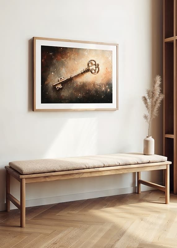 En plakat, der fanger en udsmykket nøgle, der svæver i et kosmisk glimt-12