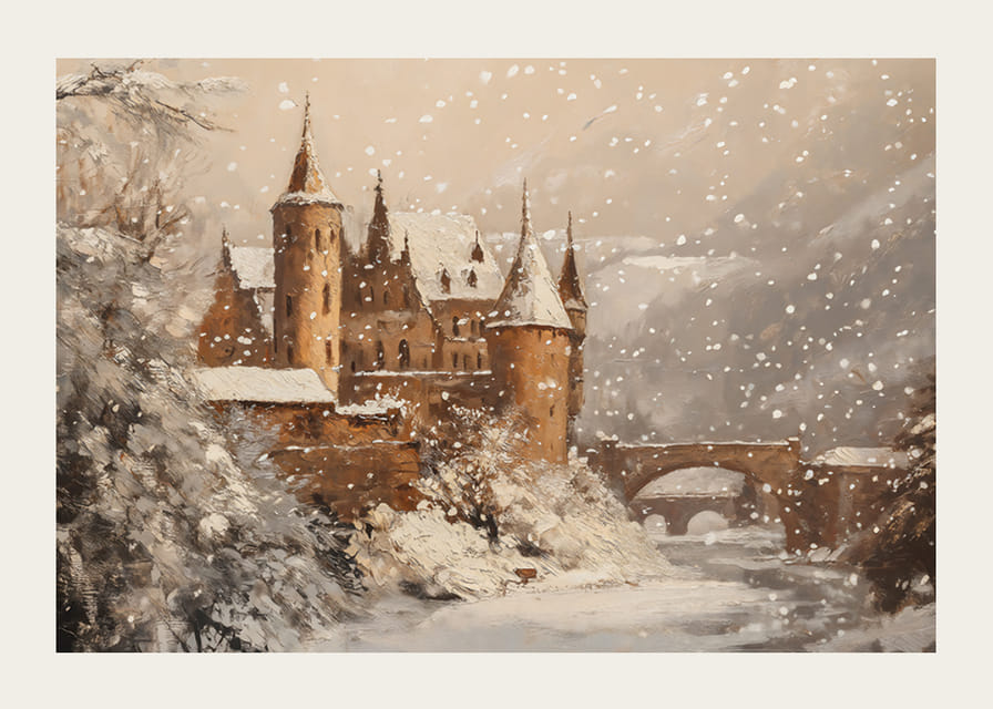 Plagát, ktorý zachytáva zasnežený hrad v čarovnom zimnom svete-12