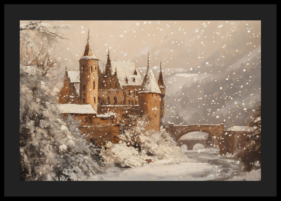 Plagát, ktorý zachytáva zasnežený hrad v čarovnom zimnom svete-12