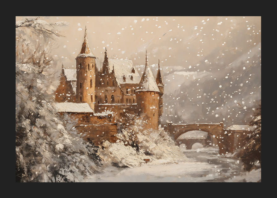 Plagát, ktorý zachytáva zasnežený hrad v čarovnom zimnom svete-12