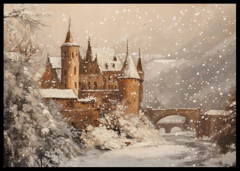 A poster that captures a snow-covered castle in a magical winter world-12