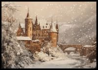 Een poster die een met sneeuw bedekt kasteel in een magische winterwereld vastlegt-2
