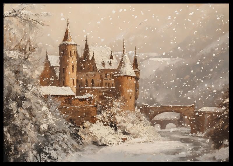 Een poster die een met sneeuw bedekt kasteel in een magische winterwereld vastlegt-12