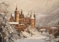 Een poster die een met sneeuw bedekt kasteel in een magische winterwereld vastlegt-3