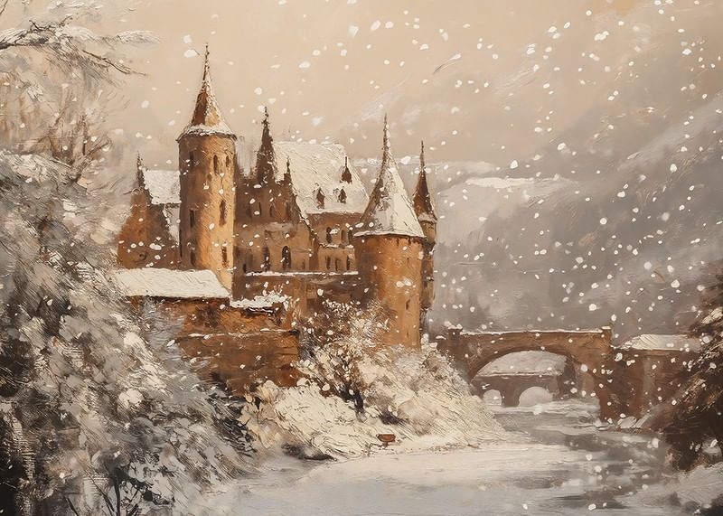 Een poster die een met sneeuw bedekt kasteel in een magische winterwereld vastlegt-12