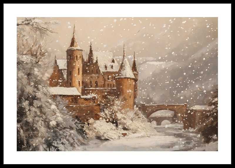 Een poster die een met sneeuw bedekt kasteel in een magische winterwereld vastlegt-12