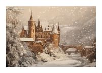 Een poster die een met sneeuw bedekt kasteel in een magische winterwereld vastlegt-1