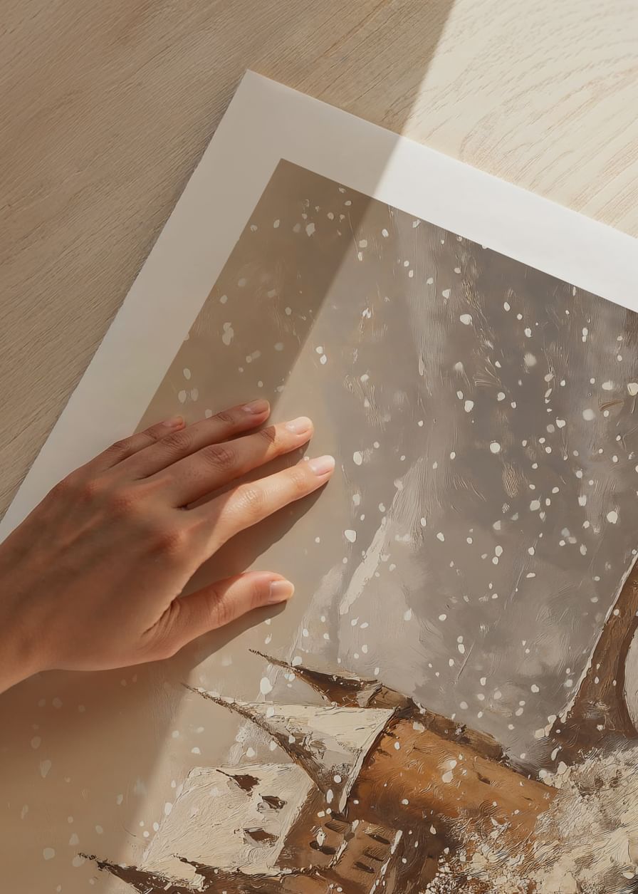 Een poster die een met sneeuw bedekt kasteel in een magische winterwereld vastlegt-12