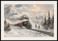 En poster som fångar ett ångtåg på en vintrig resa genom snötäckta berg-2