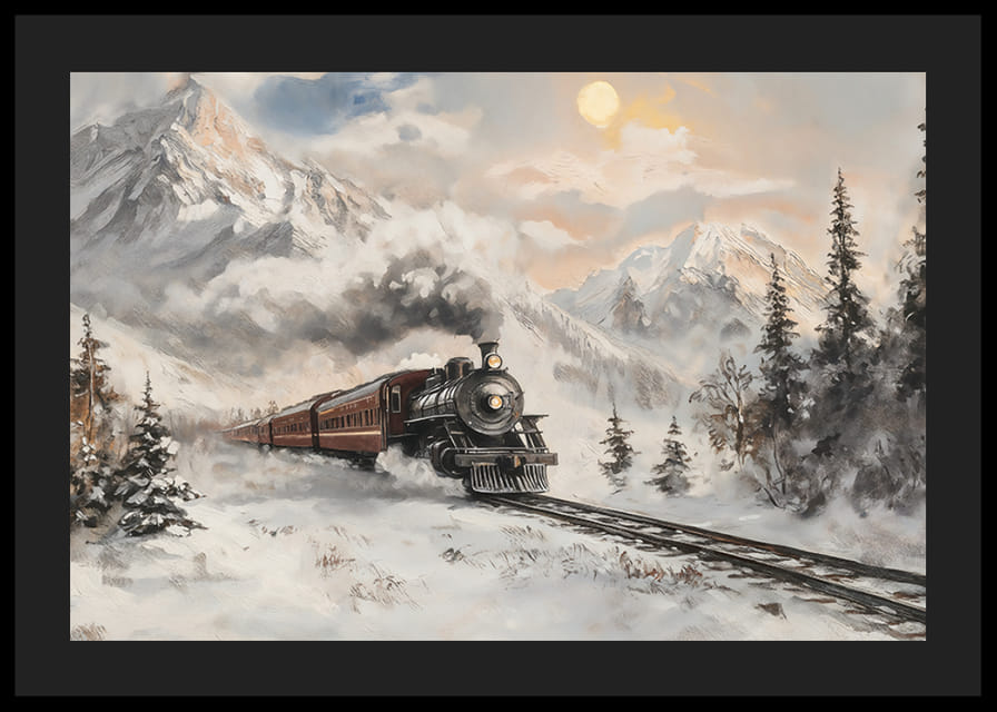 En poster som fångar ett ångtåg på en vintrig resa genom snötäckta berg-12