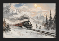 En poster som fångar ett ångtåg på en vintrig resa genom snötäckta berg-5