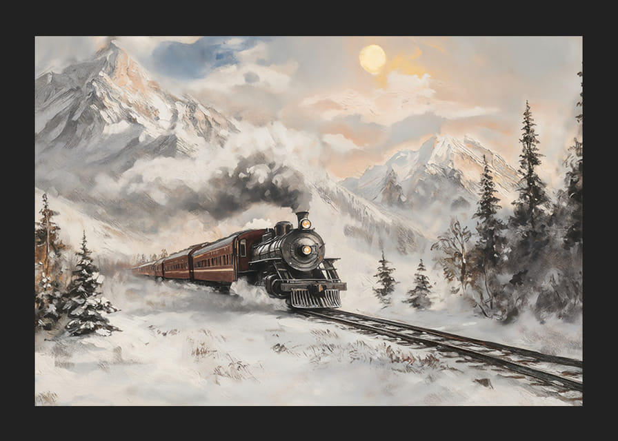 En poster som fångar ett ångtåg på en vintrig resa genom snötäckta berg-12