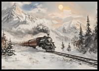 Une affiche représentant un train à vapeur lors d'un voyage hivernal à travers des montagnes enneigées-2