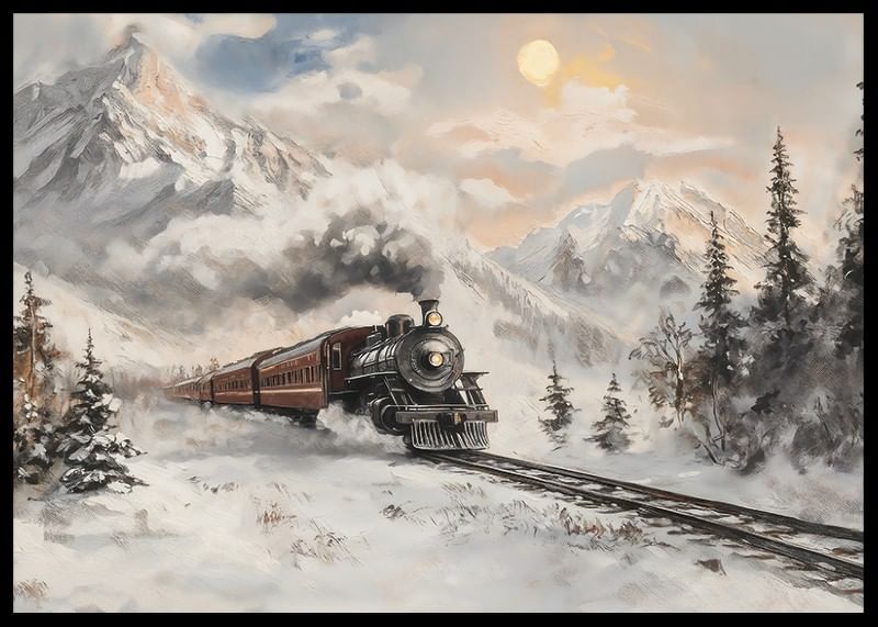 Une affiche représentant un train à vapeur lors d'un voyage hivernal à travers des montagnes enneigées-12