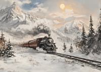 Une affiche représentant un train à vapeur lors d'un voyage hivernal à travers des montagnes enneigées-3
