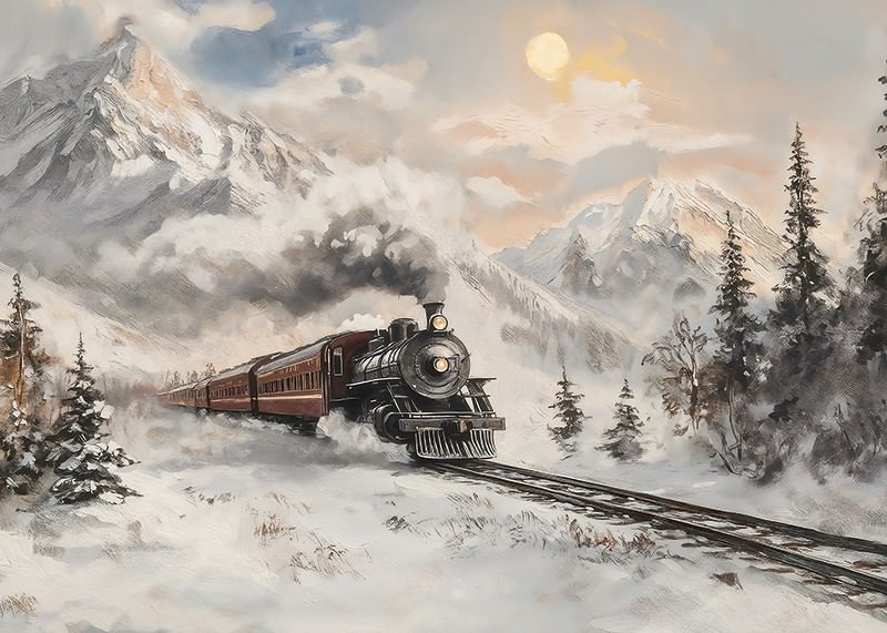 Une affiche représentant un train à vapeur lors d'un voyage hivernal à travers des montagnes enneigées-12