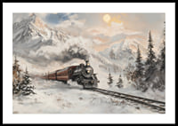 En poster som fångar ett ångtåg på en vintrig resa genom snötäckta berg-0