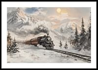 Une affiche représentant un train à vapeur lors d'un voyage hivernal à travers des montagnes enneigées-0