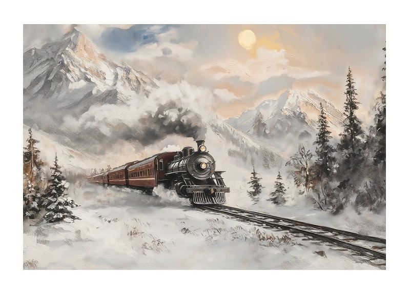 Une affiche représentant un train à vapeur lors d'un voyage hivernal à travers des montagnes enneigées-12