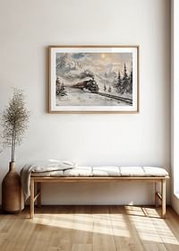 Une affiche représentant un train à vapeur lors d'un voyage hivernal à travers des montagnes enneigées-4