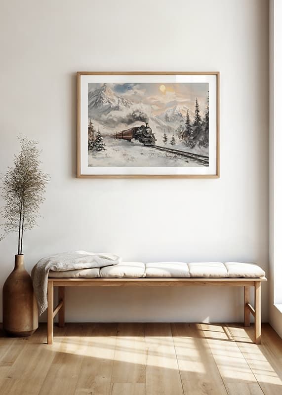 Une affiche représentant un train à vapeur lors d'un voyage hivernal à travers des montagnes enneigées-12