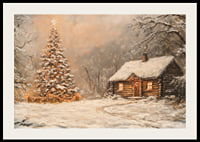 A poster with a snow-covered cabin and a Christmas tree in the winter darkness-2