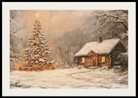 Een poster met een met sneeuw bedekte hut en een kerstboom in de winterduisternis-2
