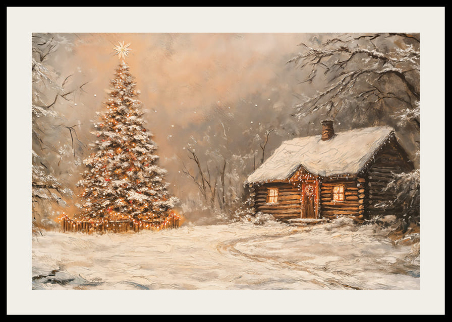 Een poster met een met sneeuw bedekte hut en een kerstboom in de winterduisternis-12