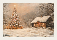 A poster with a snow-covered cabin and a Christmas tree in the winter darkness-3