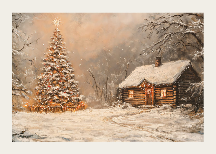 Een poster met een met sneeuw bedekte hut en een kerstboom in de winterduisternis-12