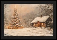 Een poster met een met sneeuw bedekte hut en een kerstboom in de winterduisternis-4