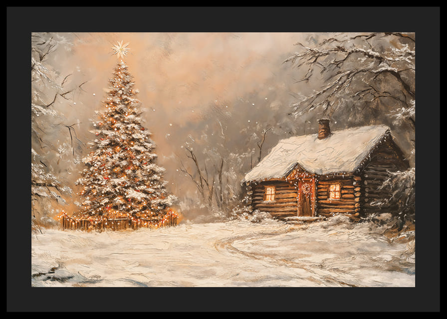 Een poster met een met sneeuw bedekte hut en een kerstboom in de winterduisternis-12