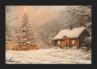 A poster with a snow-covered cabin and a Christmas tree in the winter darkness-5