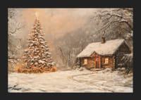 Een poster met een met sneeuw bedekte hut en een kerstboom in de winterduisternis-5