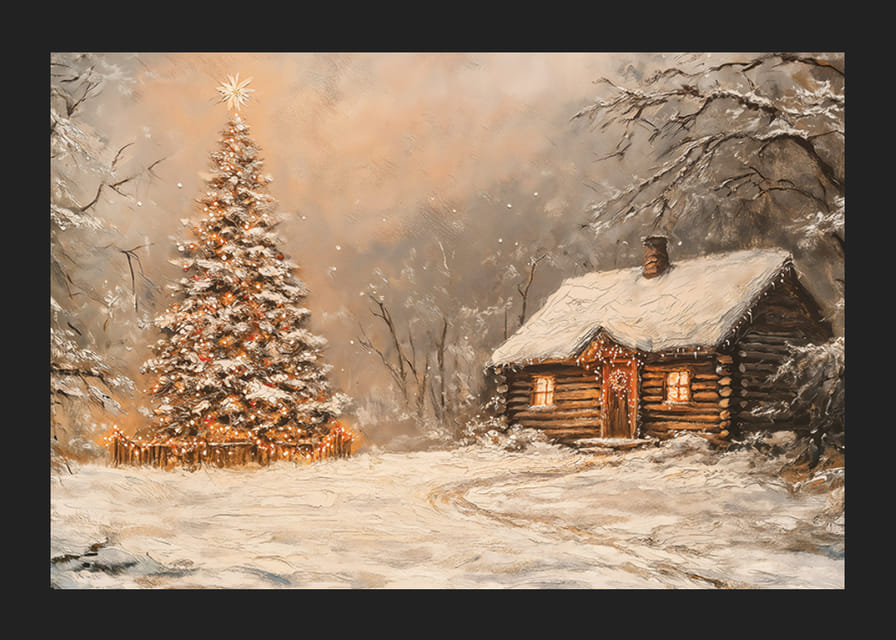 Een poster met een met sneeuw bedekte hut en een kerstboom in de winterduisternis-12