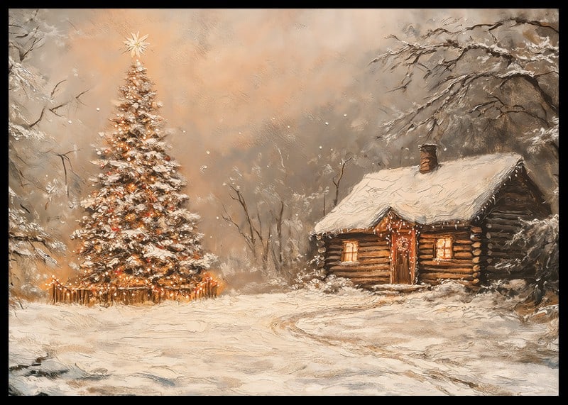 A poster with a snow-covered cabin and a Christmas tree in the winter darkness-12