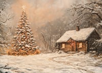 A poster with a snow-covered cabin and a Christmas tree in the winter darkness-7