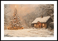 A poster with a snow-covered cabin and a Christmas tree in the winter darkness-0