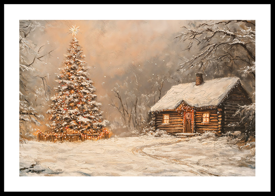 A poster with a snow-covered cabin and a Christmas tree in the winter darkness-12