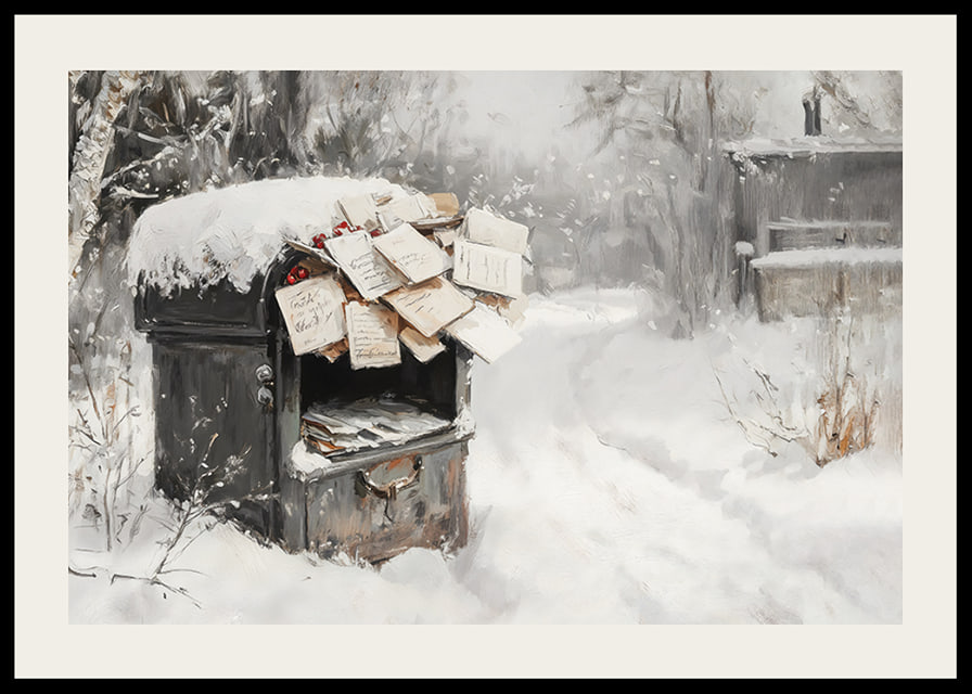 A poster capturing a snow-covered mailbox filled with Christmas greetings -12