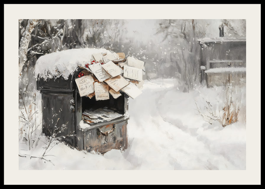 Een poster met een met sneeuw bedekte brievenbus gevuld met kerstgroeten -12