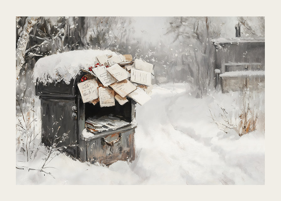 A poster capturing a snow-covered mailbox filled with Christmas greetings -12