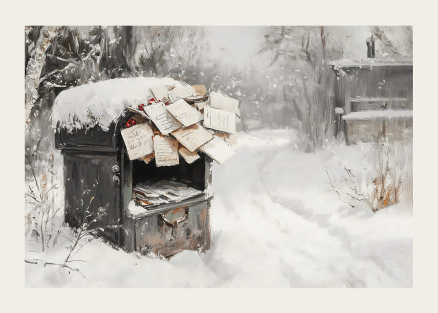 Een poster met een met sneeuw bedekte brievenbus gevuld met kerstgroeten -12