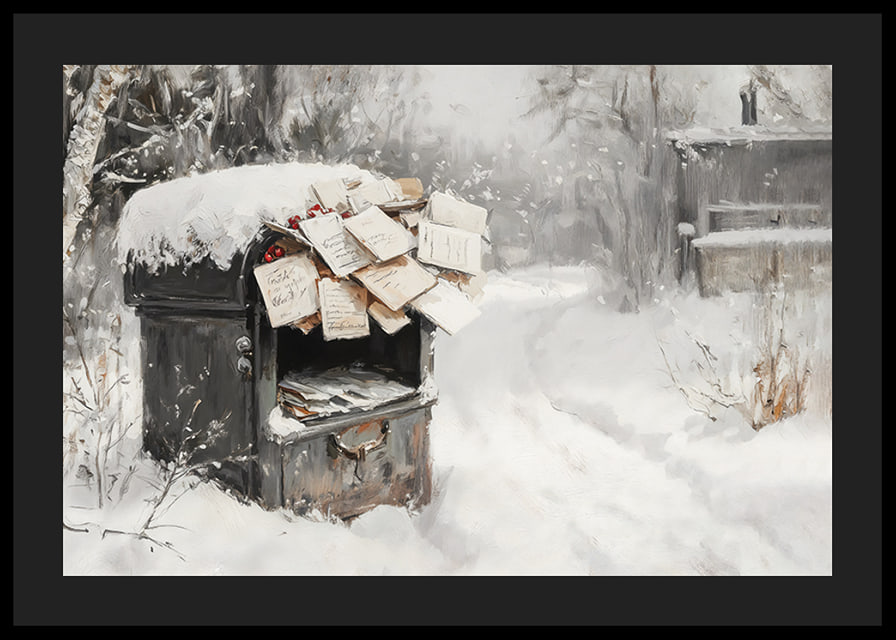 A poster capturing a snow-covered mailbox filled with Christmas greetings -12