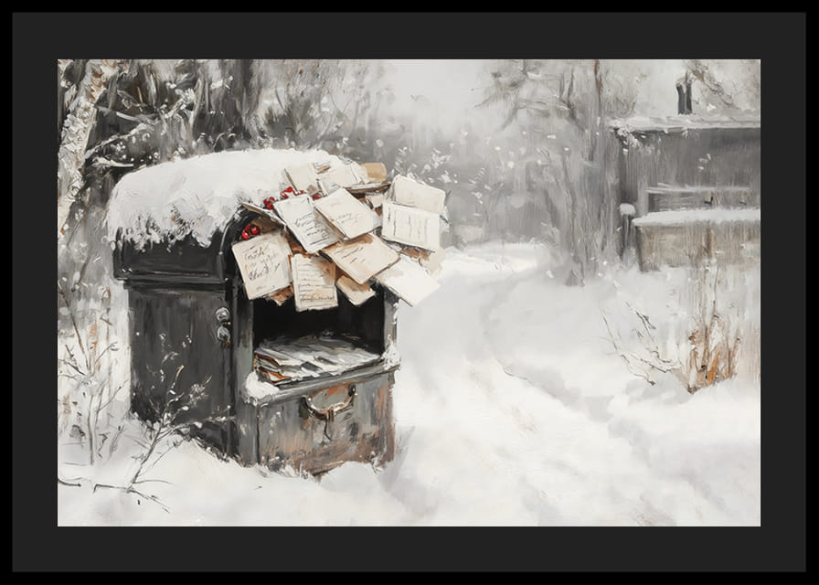 Een poster met een met sneeuw bedekte brievenbus gevuld met kerstgroeten -12