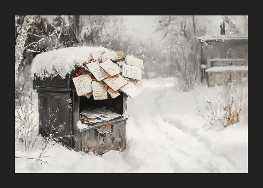 A poster capturing a snow-covered mailbox filled with Christmas greetings -12